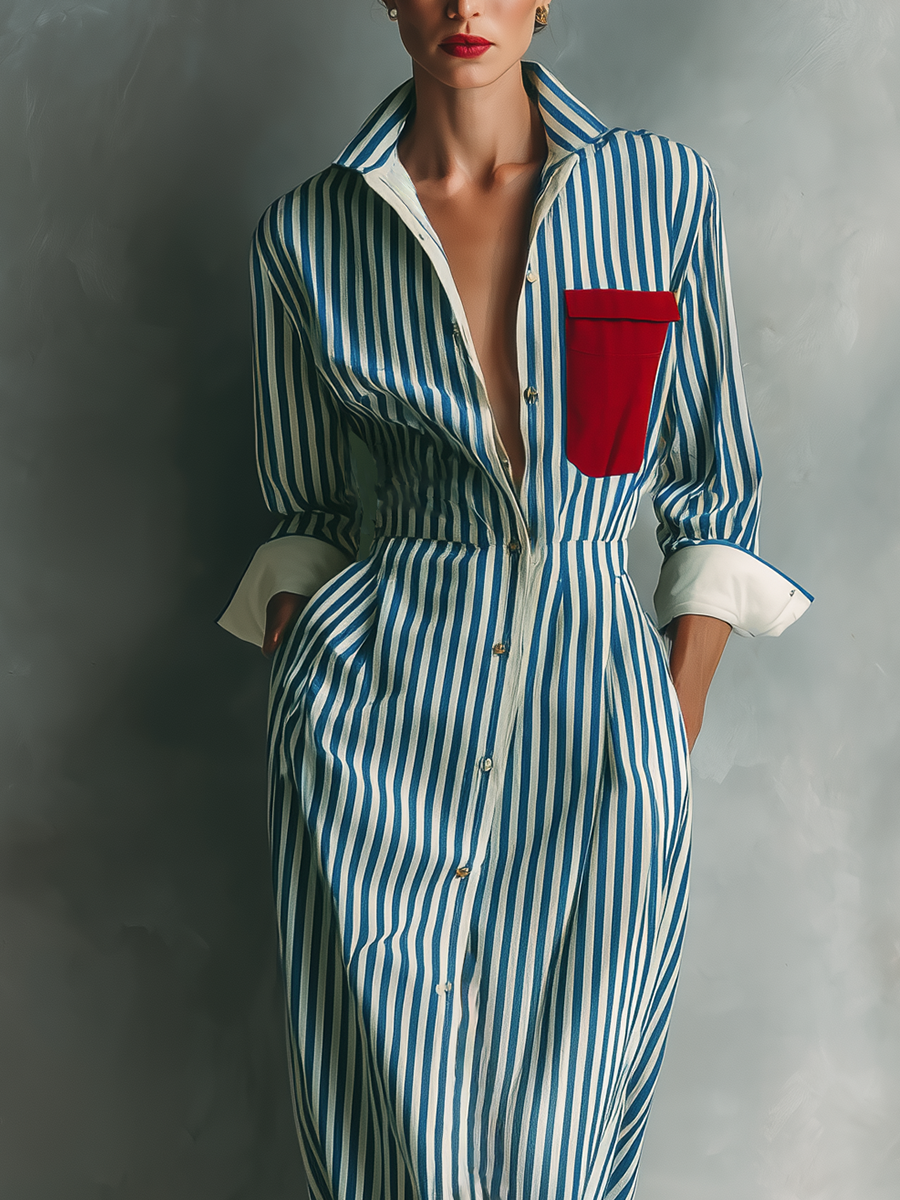 Women's Blue And White Cotton Blend Striped Shirt Dress With Red Chest
